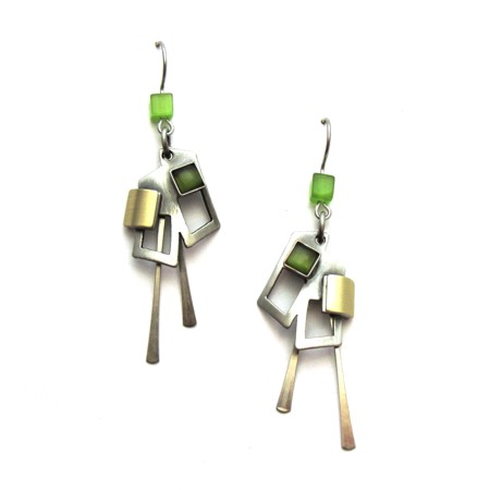 Green Two-tone Rectangle Dangle Earrings - Click Image to Close